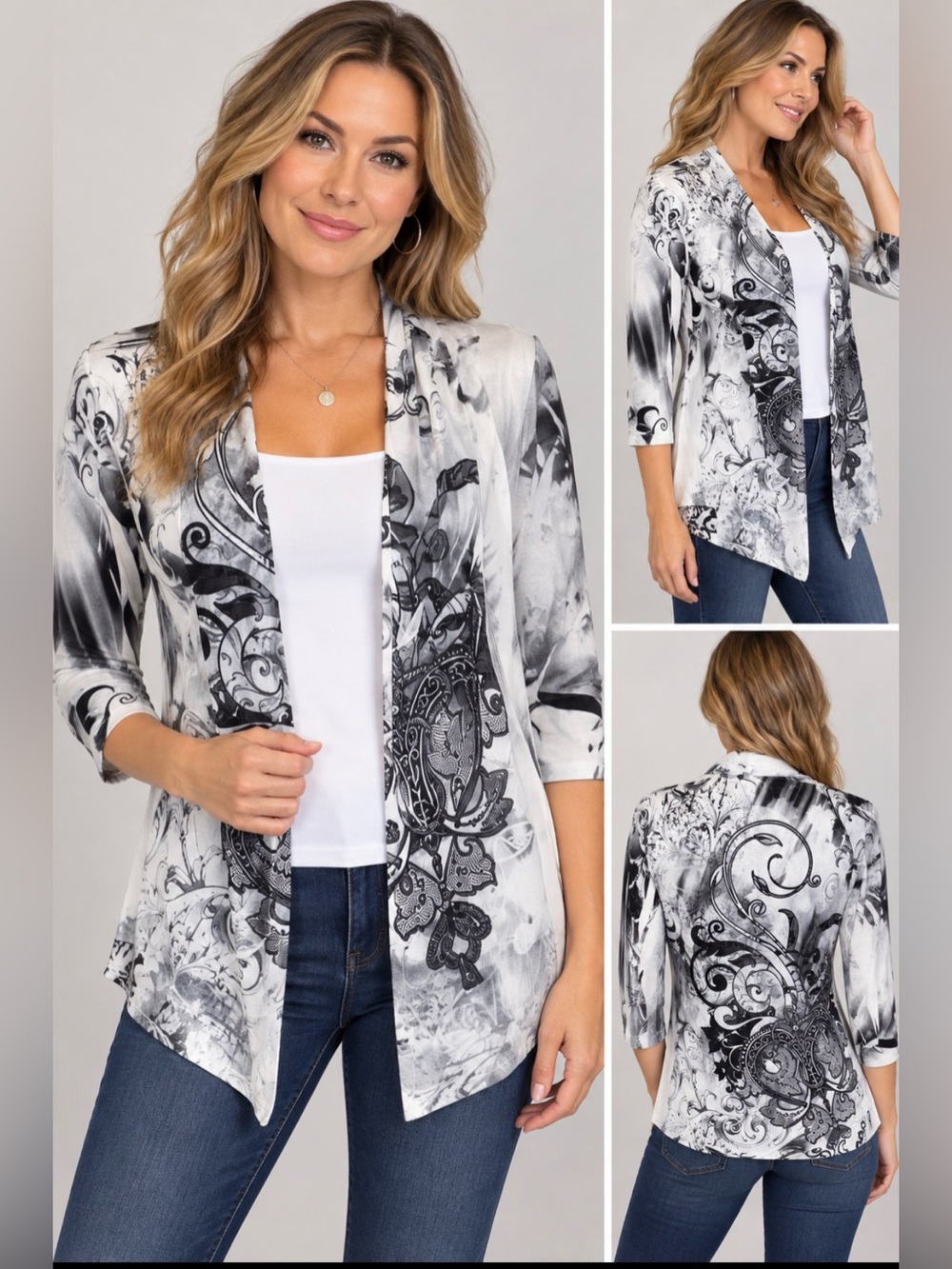 Y2K Cache Black White Open Front Artistic Stretch Boho Cardigan Size XS